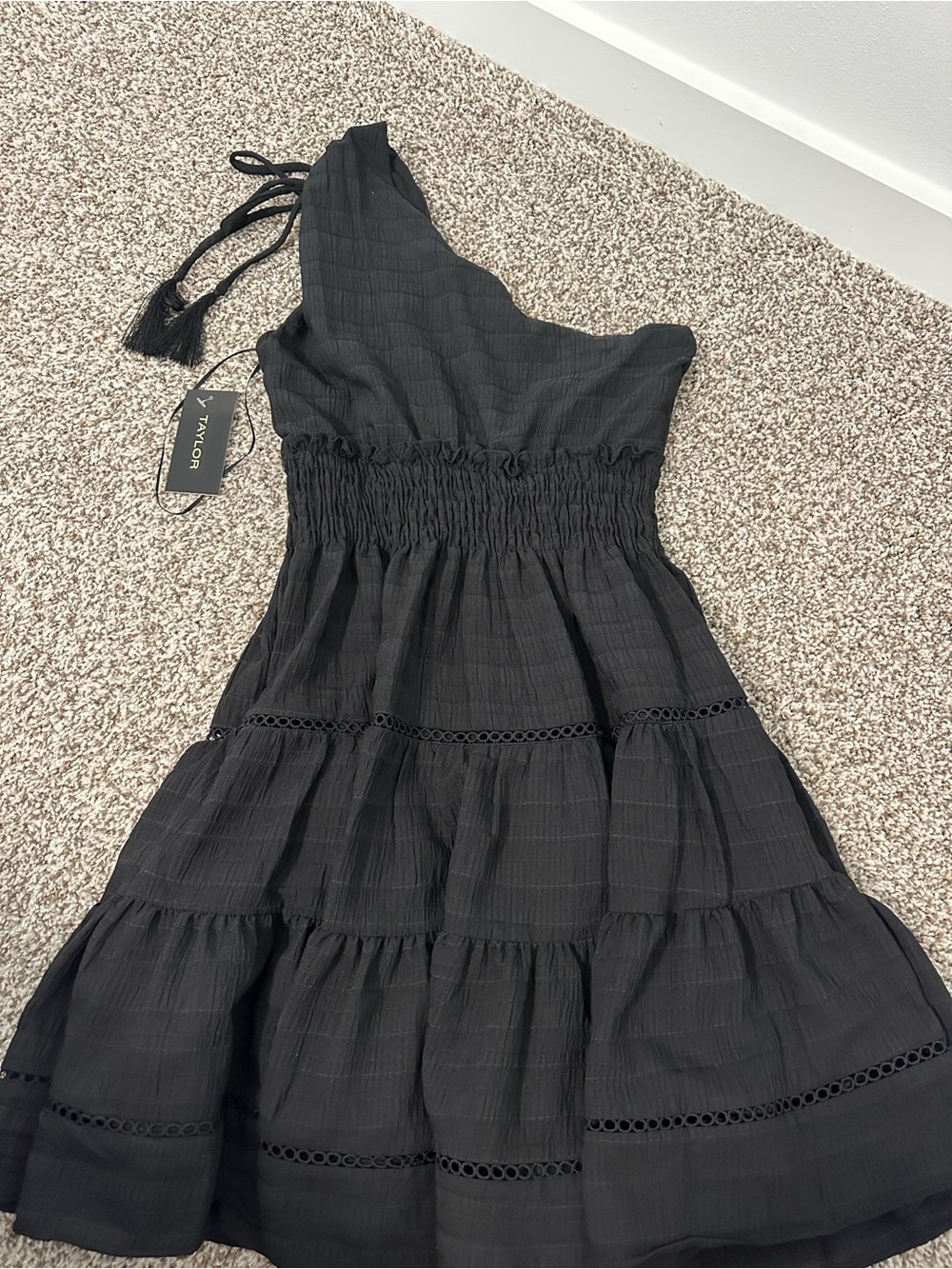 Taylor Black One-Shoulder Tiered Sundress